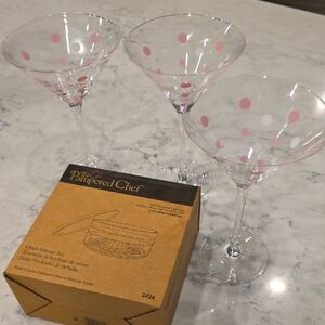 Pampered Chef Pink/ White Polka Dot Martini Glasses & Chef Drink Rimmer set